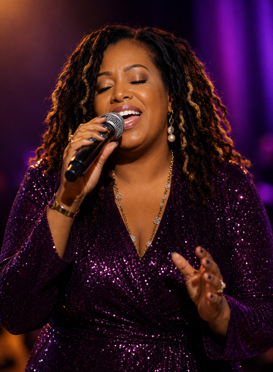 Lady Jesaira singing into a vintage microphone, bathed in golden light